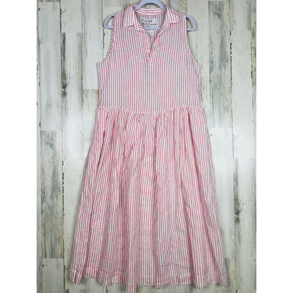 Frank & Eileen Daphne Sleeveless Popover Dress Pink‎ Stripe Classic Linen Large